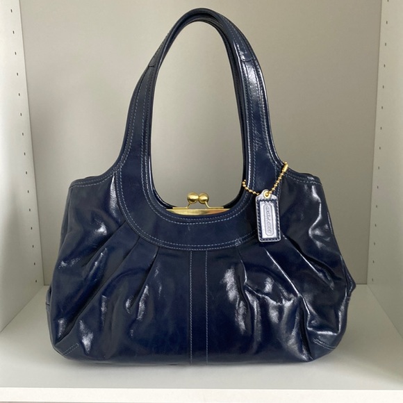 Coach Patent Navy Pleated Framed Satchel - Picture 1 of 10